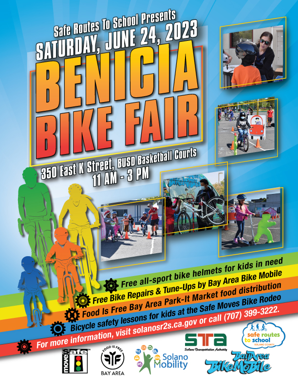 Benicia bike fair Saturday June 24, 2023. 350 east k st BUSD basket ball courts 11am-3pm